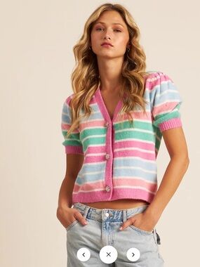 John + Jenn Pastel Striped Short Sleeve Cardigan Sweater | Size Medium